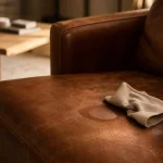 Cuir aniline cognac avec taches visibles et grain naturel