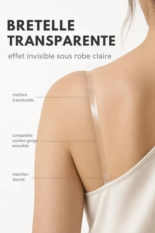 Bretelle soutien gorge transparente portée sur une épaule sous une robe claire