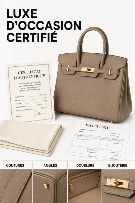 Sac de luxe occasion certifié avec certificat d’authenticité, dust bag et détails de finition