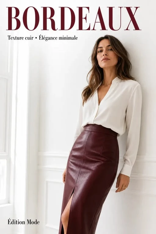 Jupe en cuir bordeaux portée dans un style élégant et minimaliste