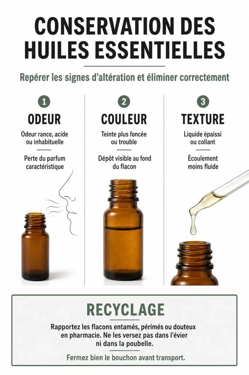 Infographie sur les signes d'oxydation et les dangers d'une huile essentielle périmée