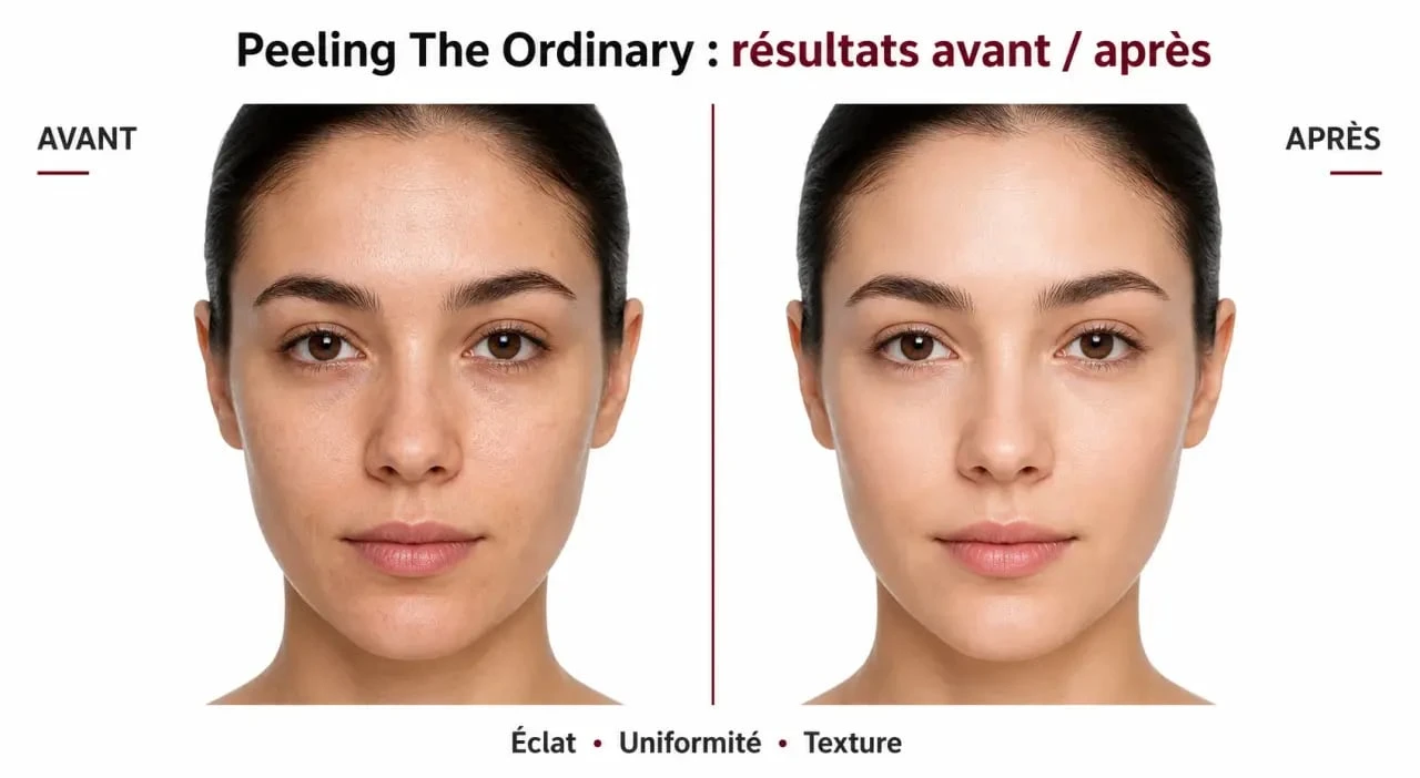 Avant/après du peeling The Ordinary montrant une peau plus lumineuse et plus lisse