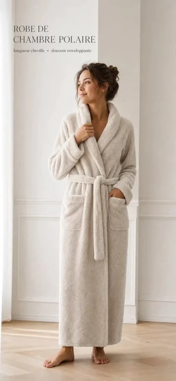 Robe de chambre longue femme polaire en intérieur, mise en scène pour comparer la longueur, la douceur et les finitions