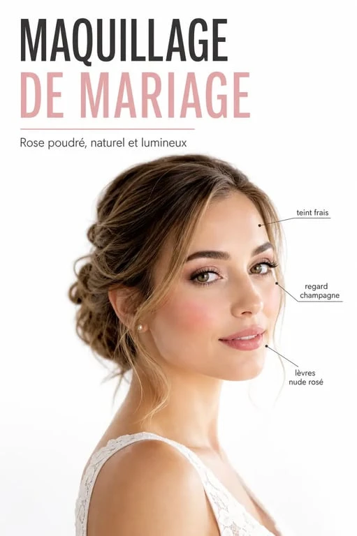 Maquillage mariage rose poudré lumineux avec blush rose doux et lèvres nude rosé