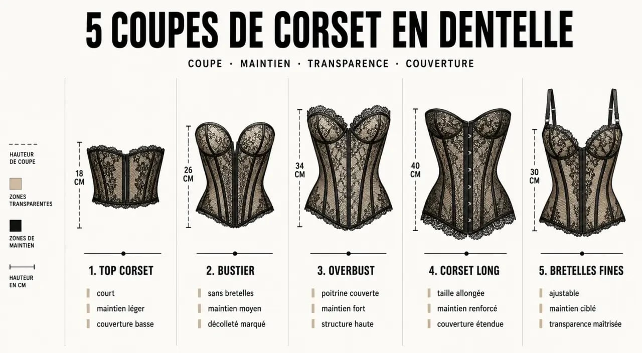 Corset en dentelle : comparaison visuelle des principales coupes et niveaux de maintien