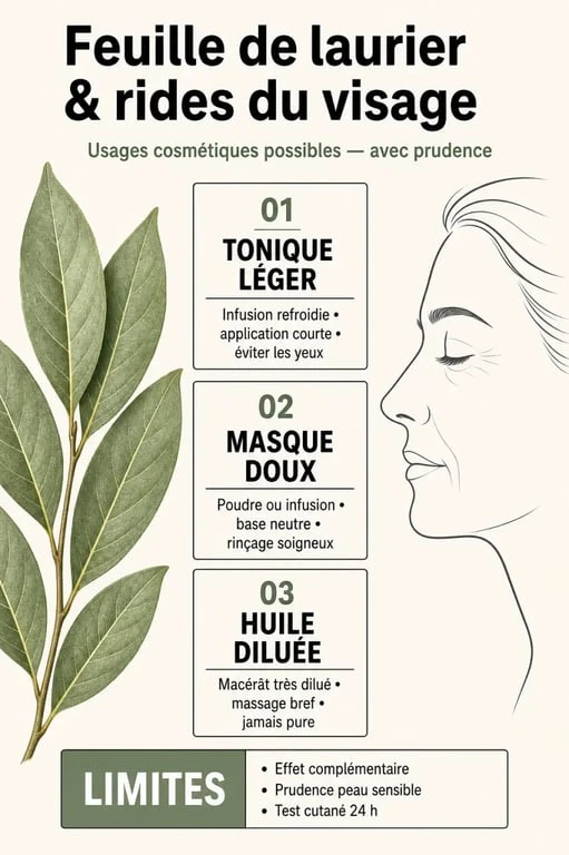 Feuille de laurier contre les rides du visage, illustration éditoriale des usages et précautions