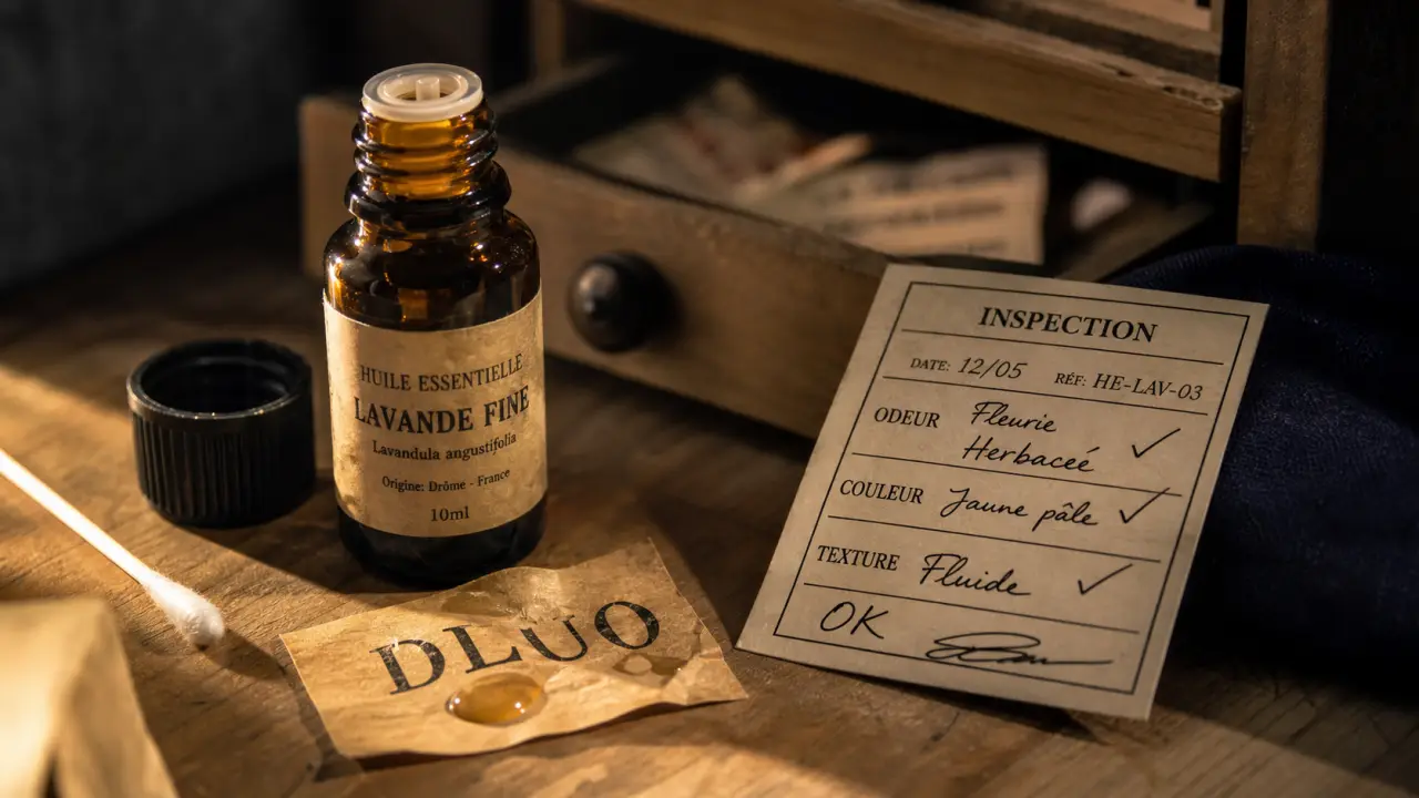 Huile essentielle périmée dangereux : flacon, signes DLUO, odeur et couleur