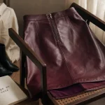 Jupe en cuir bordeaux, coupe droite, style bordeaux et crème