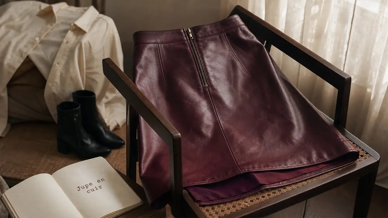 Jupe en cuir bordeaux, coupe droite, style bordeaux et crème