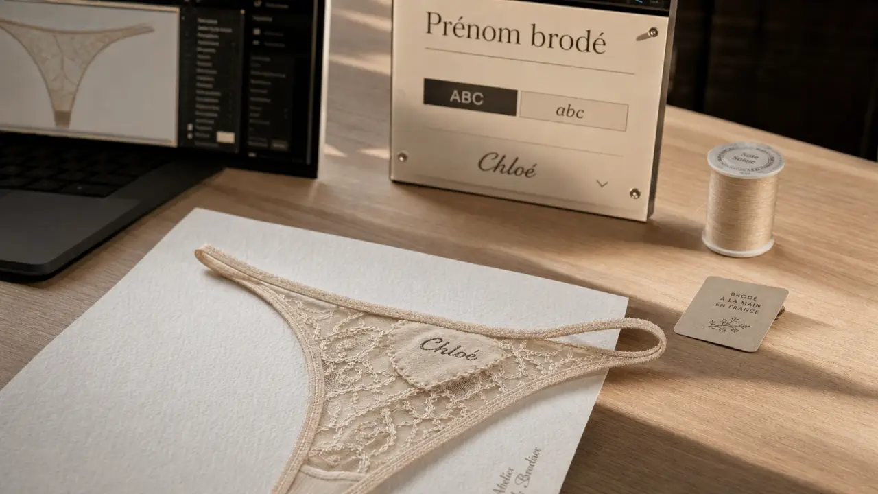 Personnaliser string : prénom brodé sur dentelle beige