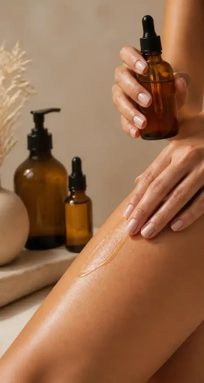 Rituel de soin du corps avec huile corporelle, geste beauté féminin et sensoriel