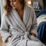 Robe de chambre longue femme polaire gris perle cosy, col châle et poches