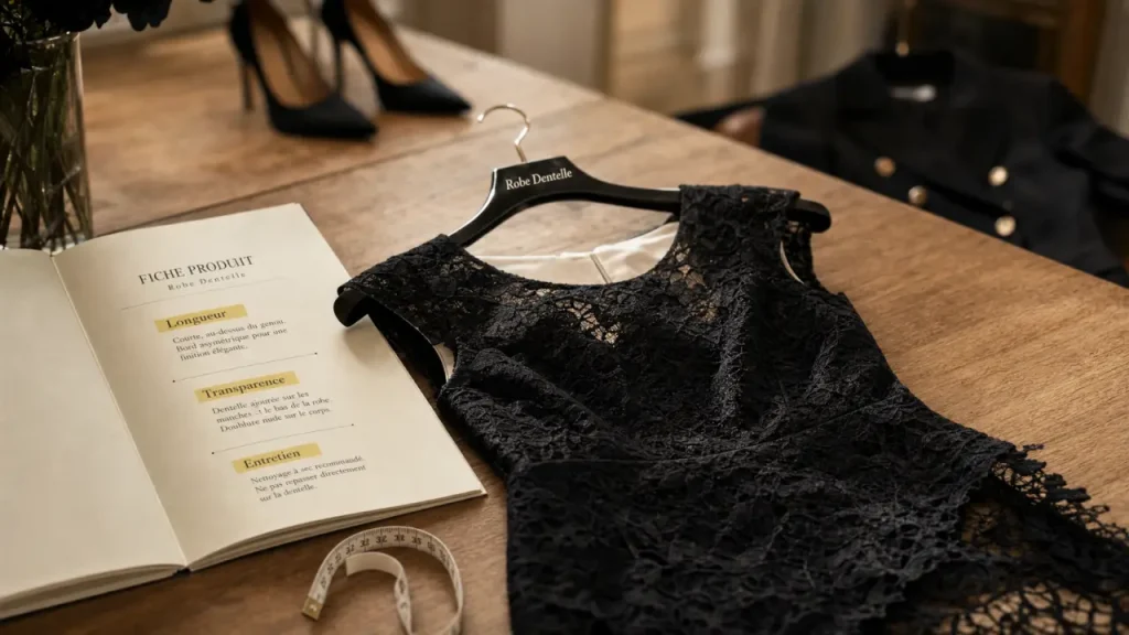 Robe noire courte en dentelle : coupe chic, taille fiable et achat sans surprise