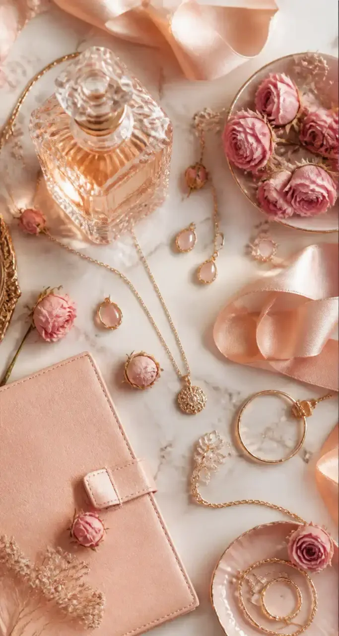 Table de coiffeuse féminine avec flacon de parfum, bijoux délicats et roses séchées, ambiance luxe