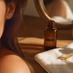 Bio Oil visage rides : gouttes sur peau, flacon ambré ouvert