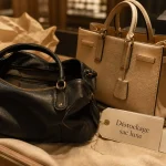 Destockage sac à main de luxe : vitrine avec sac cuir noir et cabas beige