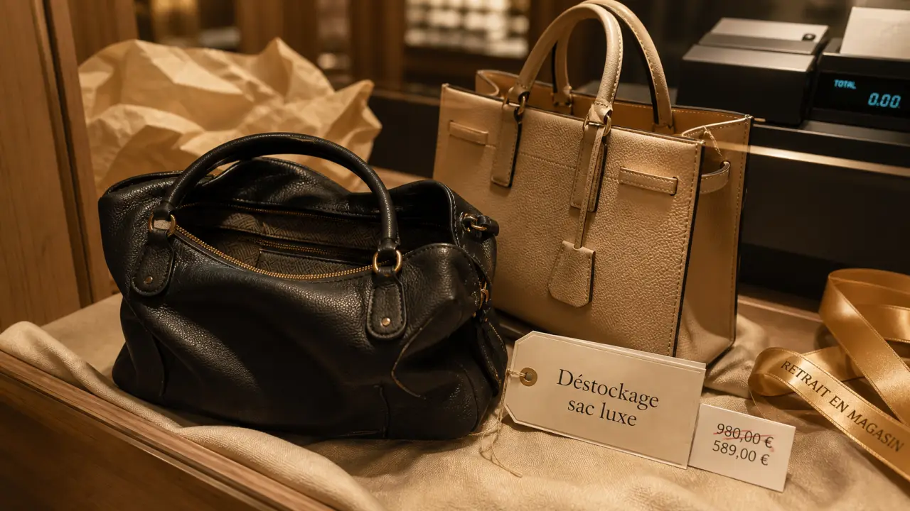 Destockage sac à main de luxe : vitrine avec sac cuir noir et cabas beige