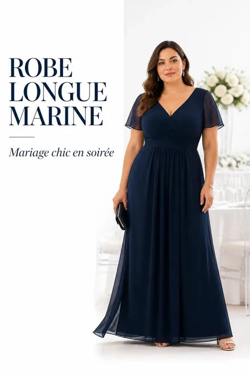 Robe grande taille pour mariage : robe longue marine fluide et chic pour cérémonie de soirée