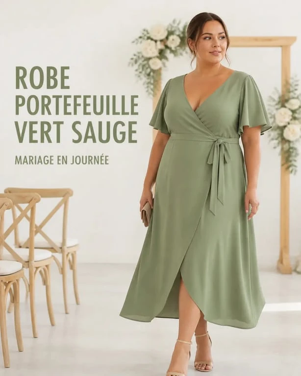 Robe grande taille pour mariage : robe portefeuille midi vert sauge élégante pour cérémonie en journée