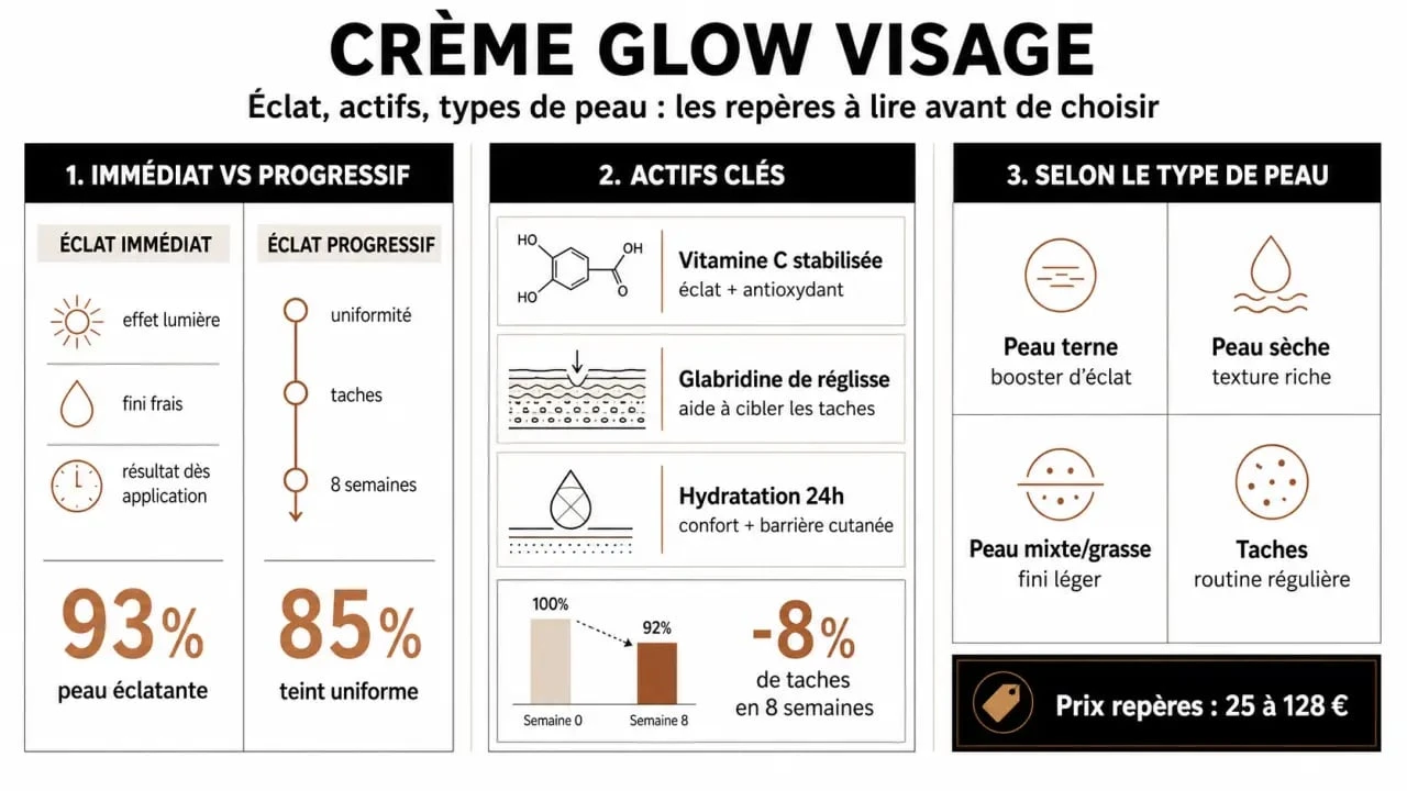 Crème glow visage : comparatif des actifs, résultats et prix selon le type de peau