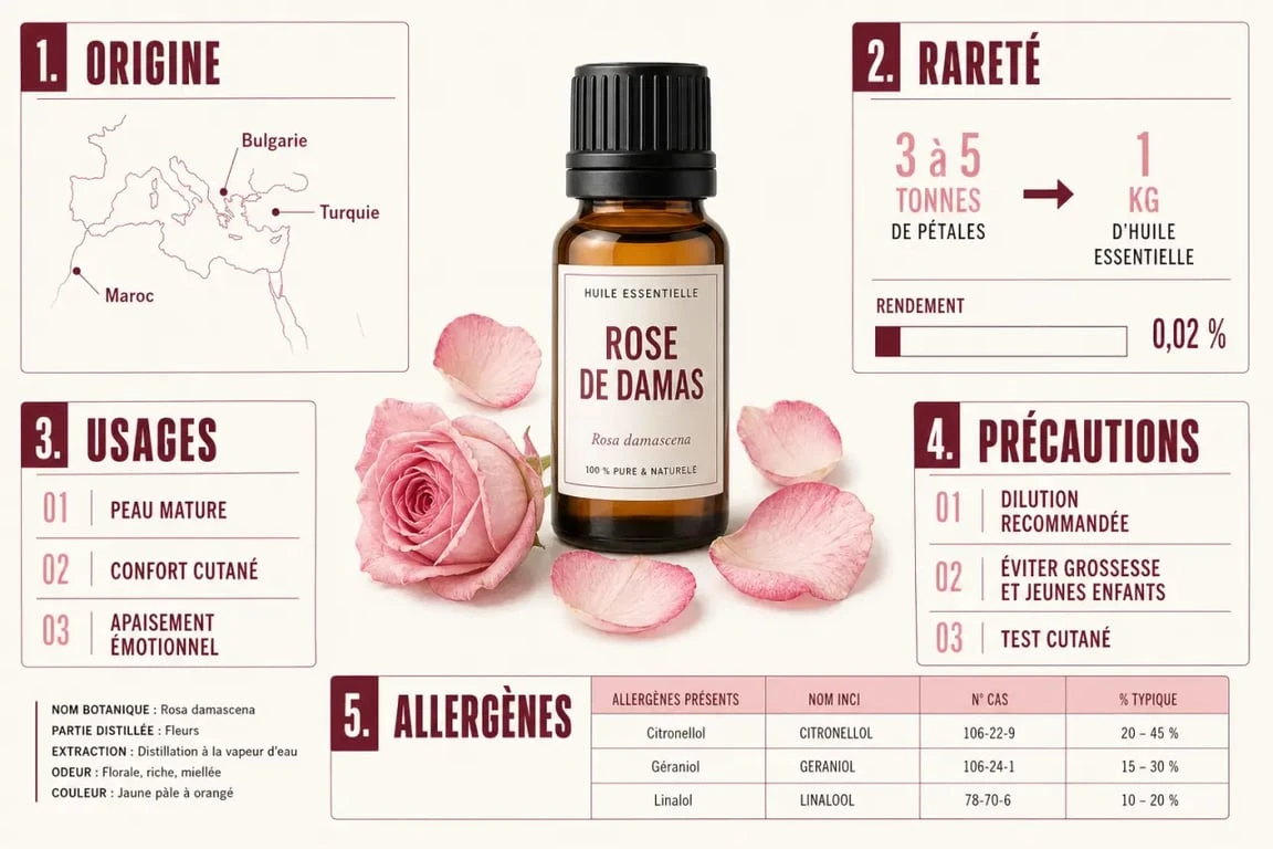 Infographie sur les huiles essentielles rose de Damas : origine, bienfaits, rareté et précautions