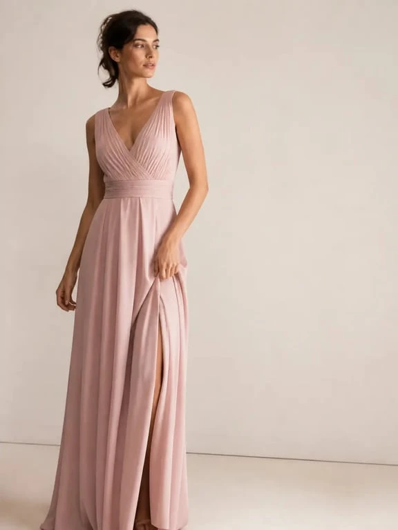 Robe cérémonie rose poudré élégante portée dans un style éditorial raffiné