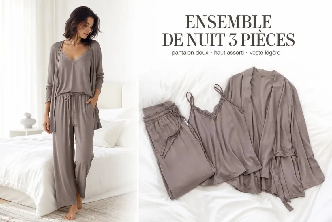 Pyjama femme 3 pieces porté dans une chambre lumineuse avec les trois pièces coordonnées visibles