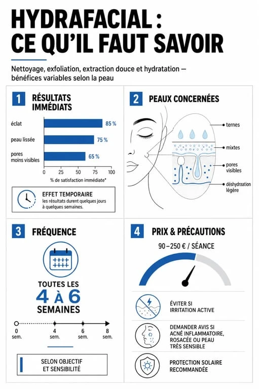 Soin hydrafacial avis : infographie éditoriale sur les résultats, le prix, la fréquence et les contre-indications