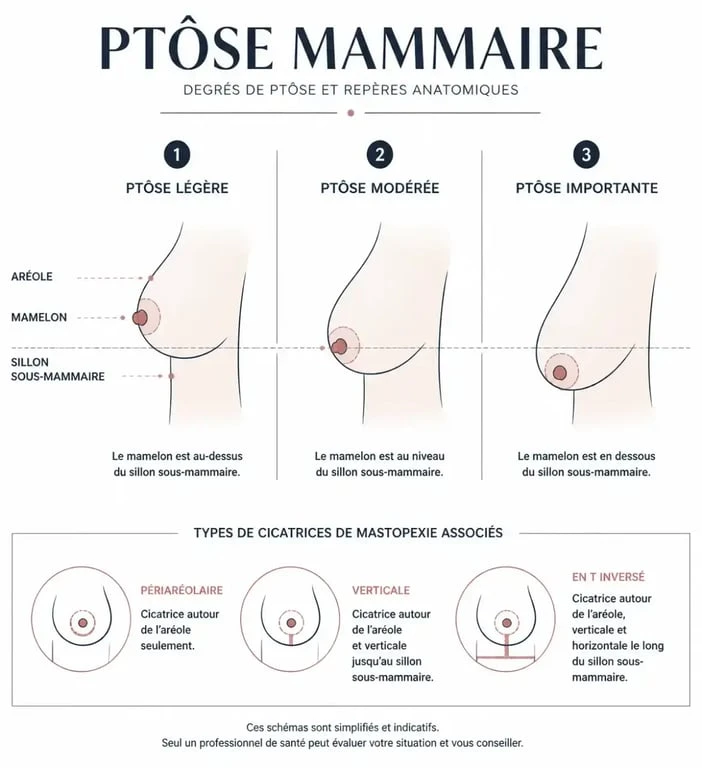 Schéma des seins qui tombe : degrés de ptose mammaire et types de cicatrices