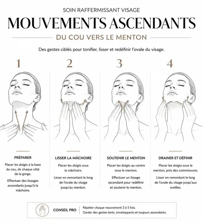 Technique d'application des soins raffermissants visage par mouvements ascendants