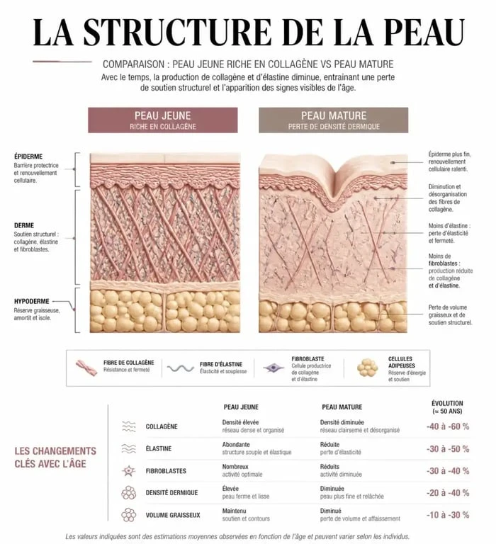 Schéma comparatif de la structure cutanée pour comprendre le soin raffermissant visage