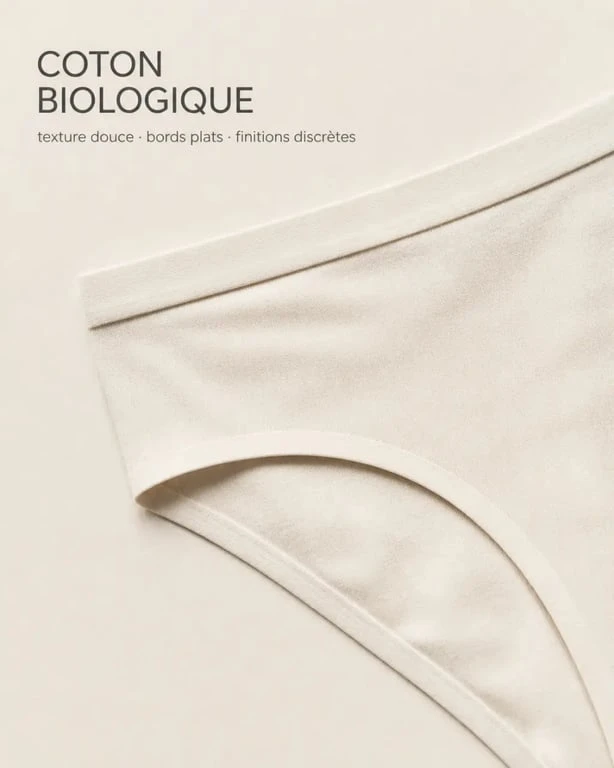 Slip femme coton bio sans couture en gros plan sur la matière douce et les finitions plates