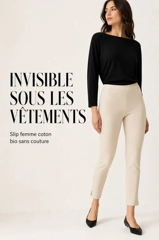 Slip femme coton bio sans couture porté sous un pantalon clair près du corps, sans démarcation visible