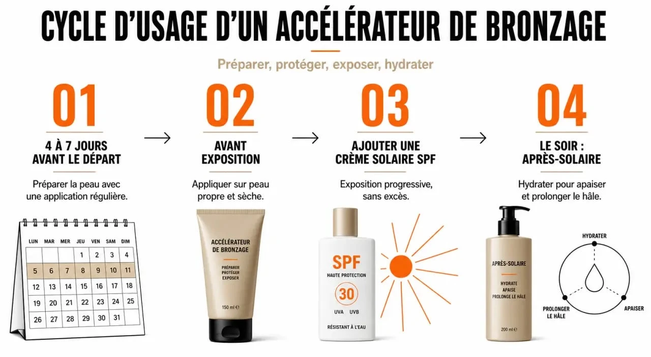 Cycle d’utilisation d’un accélérateur de bronzage puissant avant et pendant l’exposition au soleil