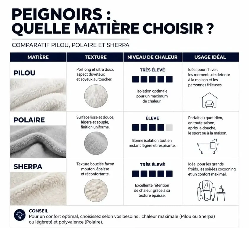Infographie comparative des matières de peignoirs pilou pilou femme : pilou, polaire et sherpa