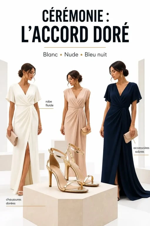 Chaussures dorées femme portées avec une tenue élégante pour mariage ou soirée