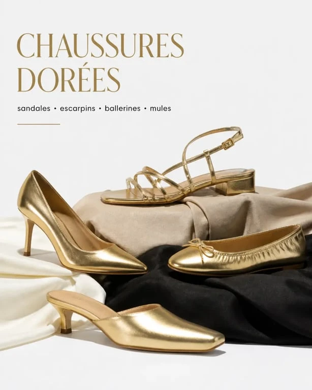 Chaussures dorées femme présentées dans un look éditorial avec différents modèles et finitions