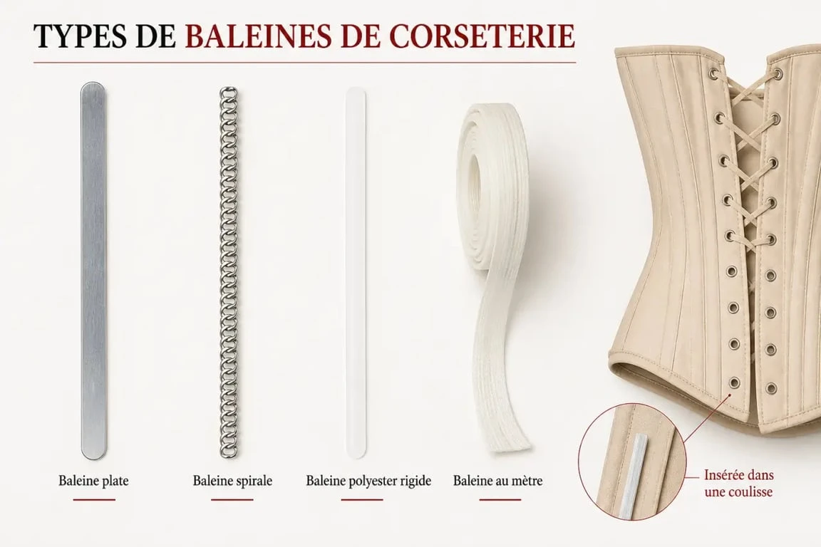 Baleine corseterie : comparaison visuelle des principaux types de baleines pour corset et bustier