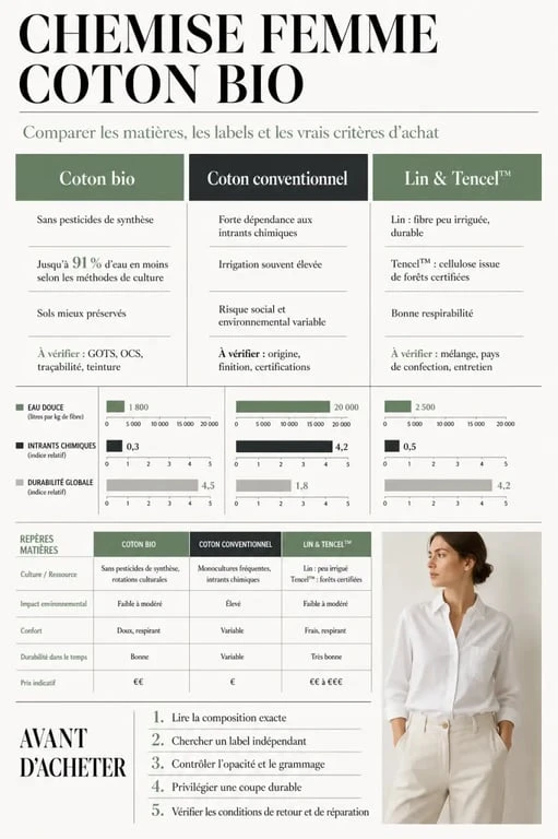 Chemise femme coton bio : comparaison visuelle entre coton bio, coton conventionnel et matières responsables