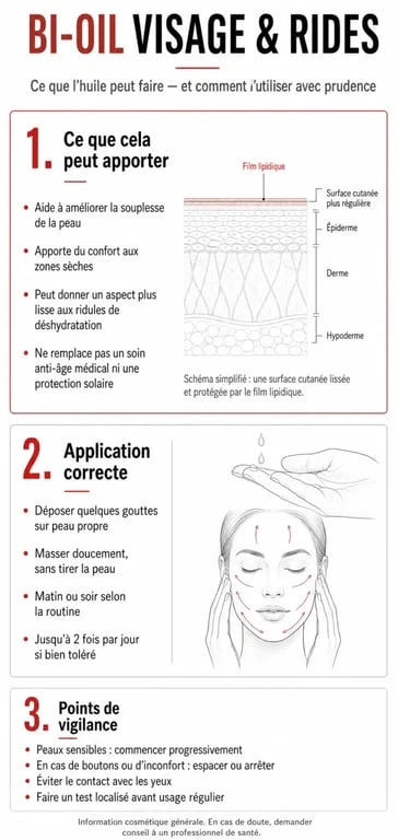 Bi-Oil visage rides : infographie sur l’usage, les bénéfices et les précautions