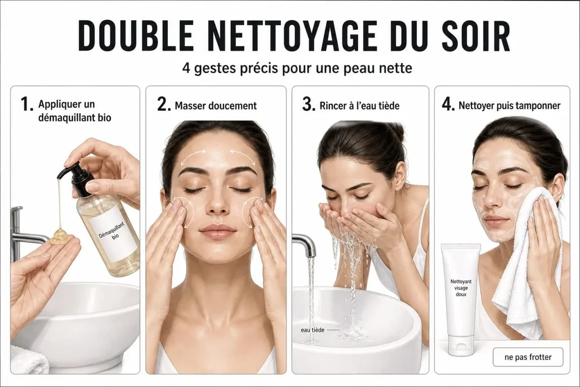 Double nettoyage et gestes de démaquillage bio en routine du soir
