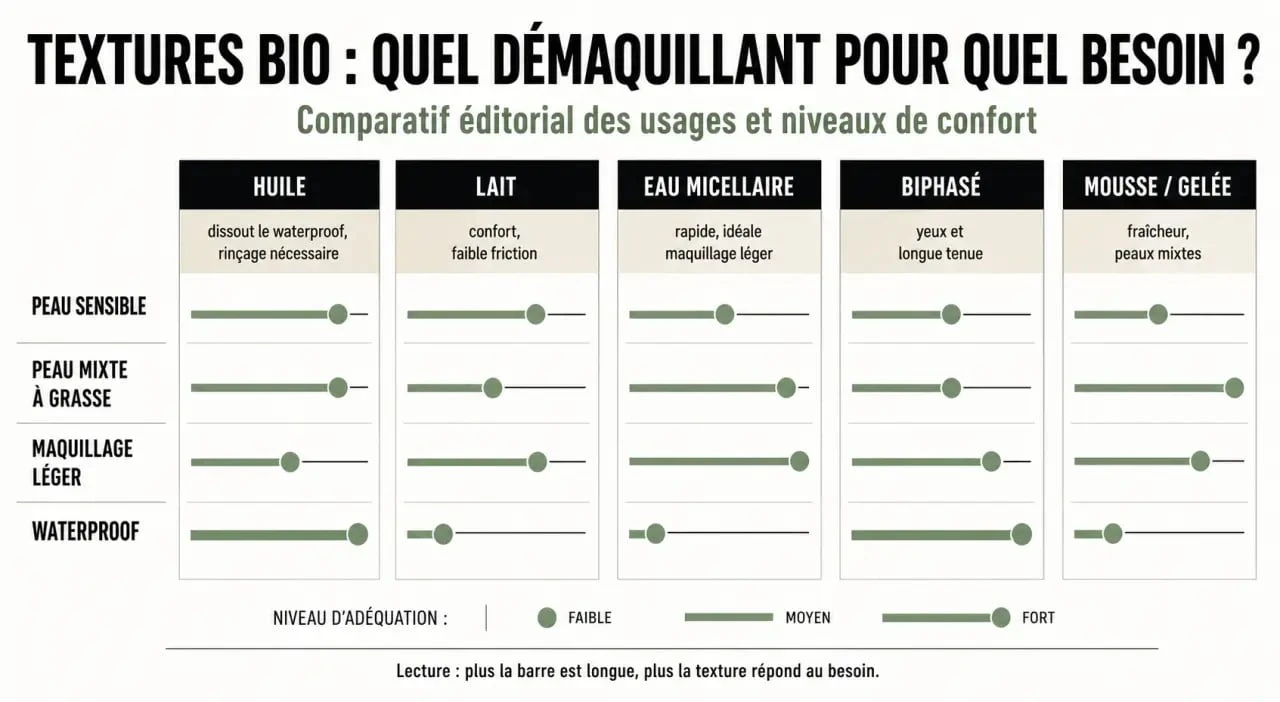 Comparatif démaquillage bio selon la texture, le type de peau et le niveau de maquillage