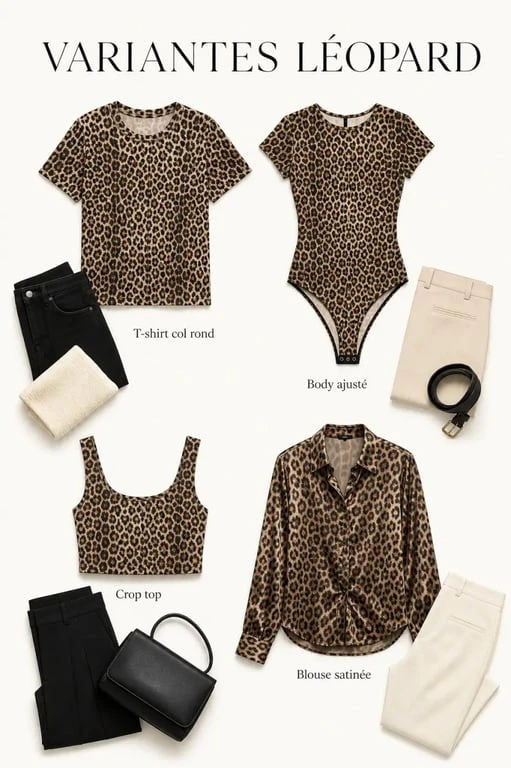 Planche éditoriale de haut femme leopard montrant plusieurs coupes et matières