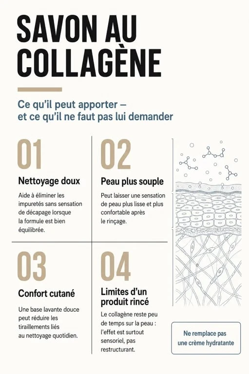 Savon au collagène bienfaits : infographie sur la douceur, l’hydratation et les limites d’un savon rincé