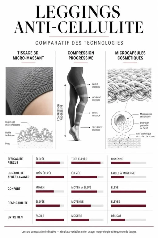 Legging anti-cellulite le plus efficace : comparaison visuelle des technologies et critères d’efficacité