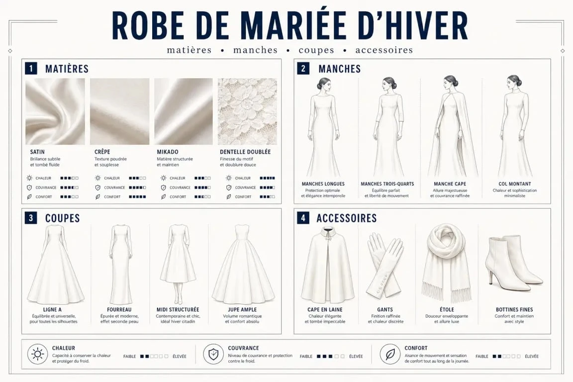 Mariage hiver robe : comparaison visuelle des matières, coupes et accessoires pour choisir une robe élégante et chaude