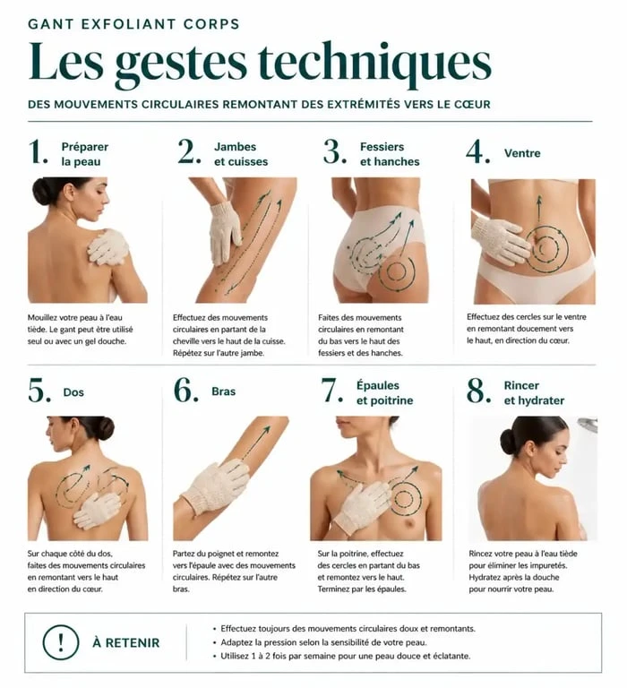 Schéma des gestes techniques pour utiliser un gant exfoliant sur le corps