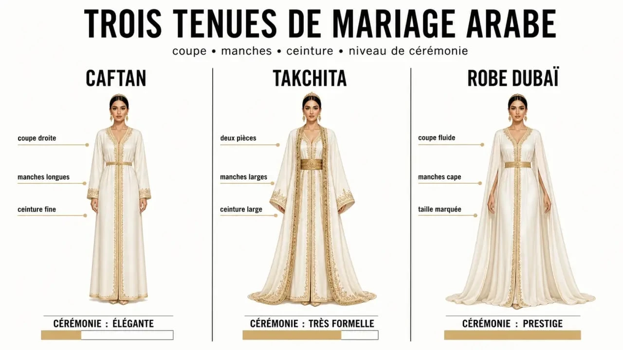 Comparatif mariage arabe robe : caftan, takchita et robe Dubaï pour choisir la tenue adaptée