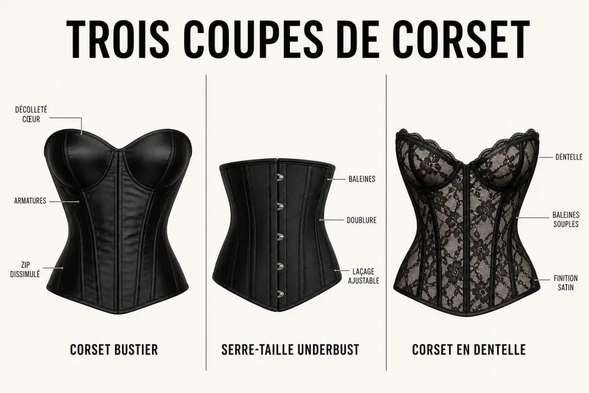 Corset femme noir présenté en trois styles : bustier, serre-taille et dentelle