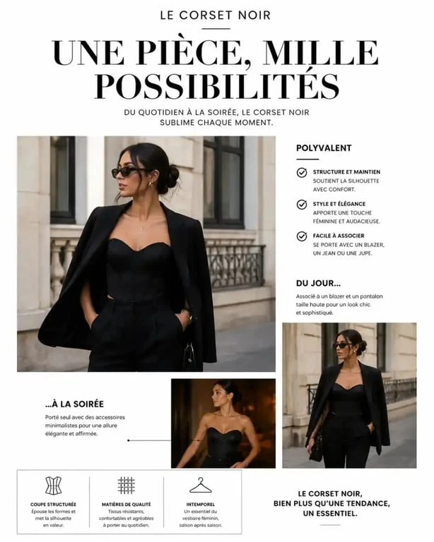 Corset noir porté avec blazer et pantalon pour un look mode polyvalent